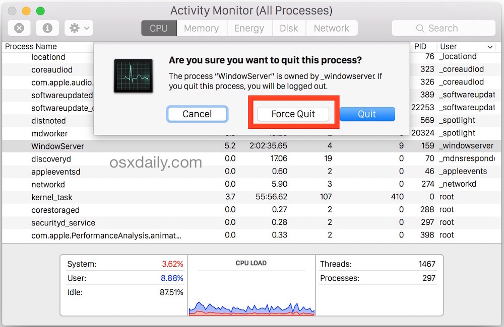 Force quit apps from Activity Monitor in Mac OS X